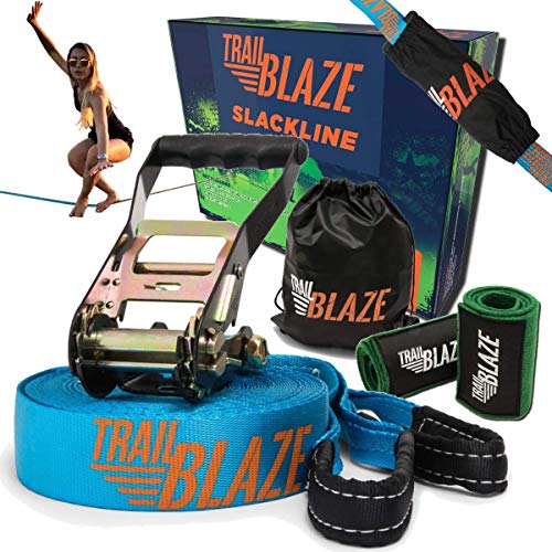 Kit Slackline Completo - Kit de Principiante con Protectores de árboles + Trinquete Tensor Revestido - Set de 15 Metros de Bandas para Entrenamiento de fácil instalación