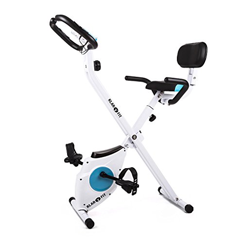 Klarfit Azura - Bicicleta Fija, Bici estática, Ordenador de entrenamiento, Medidor de pulso, 8 niveles de resistencia, Volante de inercia 3 kg, Máx. 100 kg, Respaldo, Reposabrazos, Blanco