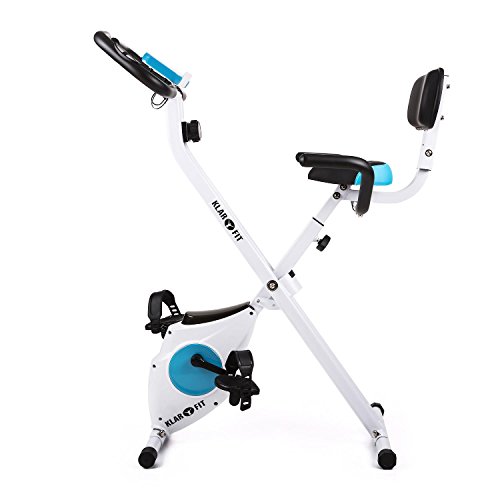 Klarfit Azura - Bicicleta Fija, Bici estática, Ordenador de entrenamiento, Medidor de pulso, 8 niveles de resistencia, Volante de inercia 3 kg, Máx. 100 kg, Respaldo, Reposabrazos, Blanco