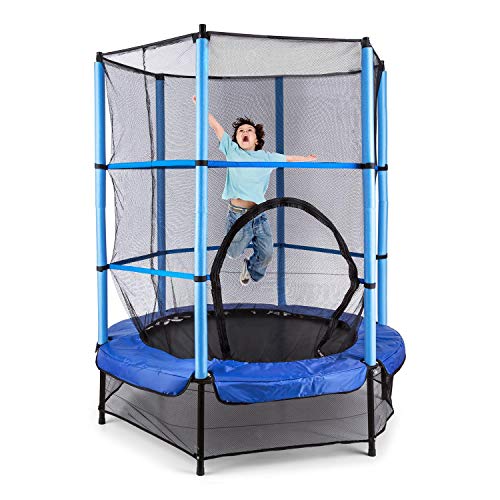 Klarfit Rocketkid - Cama eslástica, Cama elástica Infantil, A Partir de 3 años, 140 cm, Red de Seguridad, Suspensión de Cuerda elástica, Carga máx. 50 kg, Borde Acolchado, Azul