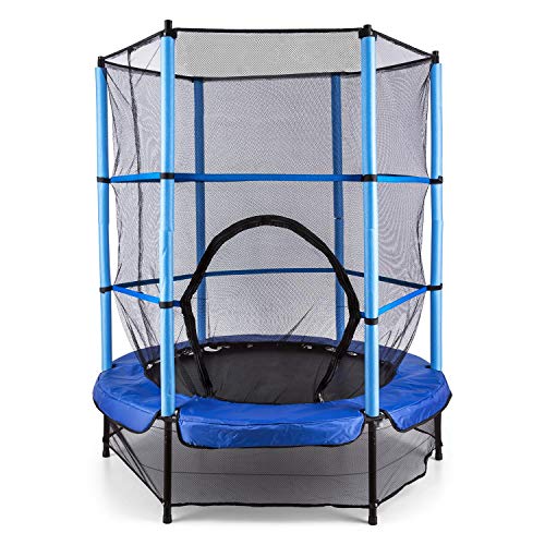 Klarfit Rocketkid - Cama eslástica, Cama elástica Infantil, A Partir de 3 años, 140 cm, Red de Seguridad, Suspensión de Cuerda elástica, Carga máx. 50 kg, Borde Acolchado, Azul