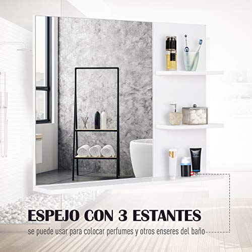 kleankin Espejo de Baño para Colgar en la Pared Espejo de Pared con 3 Estantes Incorporados 60x10x48 cm Blanco