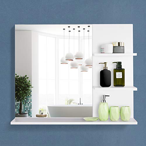 kleankin Espejo de Baño para Colgar en la Pared Espejo de Pared con 3 Estantes Incorporados 60x10x48 cm Blanco