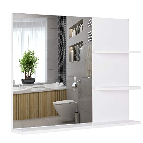 kleankin Espejo de Baño para Colgar en la Pared Espejo de Pared con 3 Estantes Incorporados 60x10x48 cm Blanco