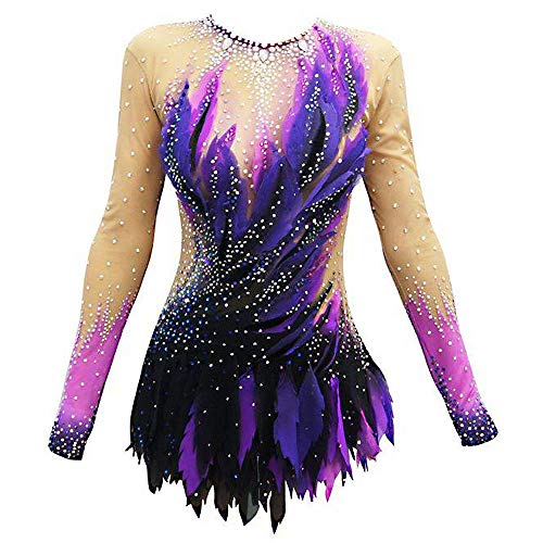 Kmgjc Leotardos Gimnasia rítmica Gimnasia artística Maillots de Mujeres Competencia Leotardo púrpura Alta Elasticidad de Manga Larga Hecha a Mano de la Danza Gimnasia rítmica de Las niñas,Púrpura,XL