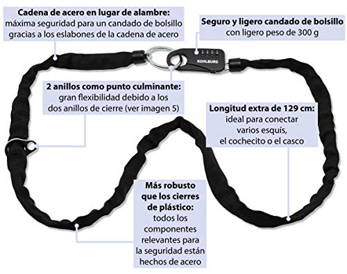 KOHLBURG Cerradura de Bolsillo Segura Hecha de Cadena y código numérico de 129cm de Largo - para asegurar Cochecito, esquí o Casco de Motocicleta - Cierre de combinación Fuerte de 3mm