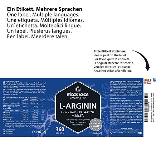 L-Arginina Capsulas 4500 mg, 360 Comprimidos con Formula Vital B6, B12 + Acido Folico + Selenio y Piperina para 3 Meses, sin Aditivos Innecesarios