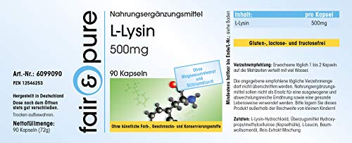 L-Lisina 500 mg - Vegana - Aminoácido esencial - Alta pureza - 90 Cápsulas