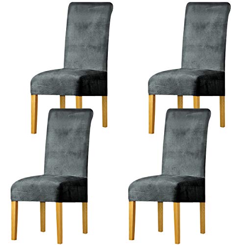 LANSHENG Fundas Cubiertas de Silla,Spandex elástico con Banda elástica, Fundas de Terciopelo para Silla de Comedor Grande para Restaurante, Banquete de Fiesta de Hotel (Gris-Plata,4 Pack(M))