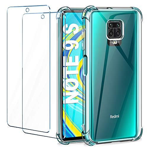 Leathlux Funda Compatible con Xiaomi Redmi Note 9S, 2 Pack Cristal Templado Protector de Pantalla, Ultra Fina Silicona Transparente TPU Funda y Protector Compatible con Xiaomi Redmi Note 9 Pro