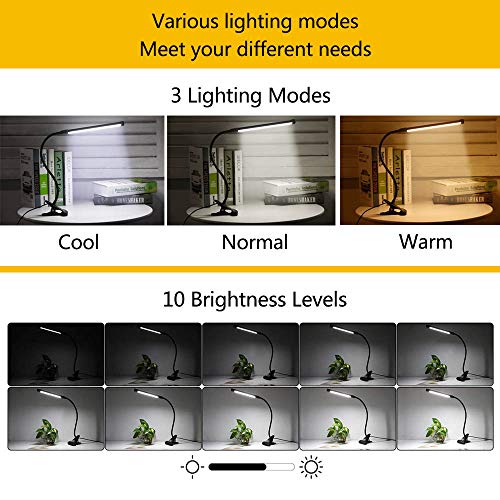 LED Lámpara De Mesa Escritorio, Luz De Lectura Con Abrazadera USB Portátil Flexible Regulable Con 3 Modos De Iluminación y 10 Niveles De Brillo Para Oficina Dormitorio Lectura Estudiar 7w (Negro)