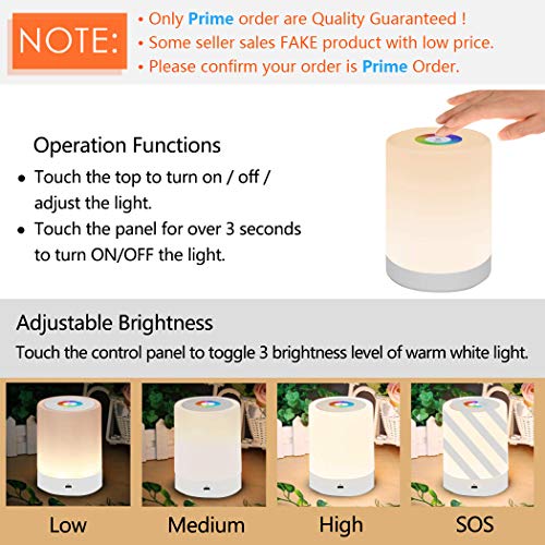 LED Night Light, Smart Bedside Table Lamp, Touch Control, Dimmable, USB Rechargable, Portable, Color Changing RGB for Kids, Bedroom, Camping (Warm White)