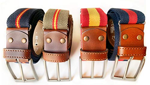 LEGADO Cinturon hombre y pulsera bandera España, cinturon elastico con cuero marron, Piel de Ubrique como nuestras carteras y accesorios. (Marino con Bandera España)