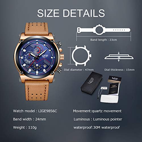 LIGE Relojes Hombre Militar Impermeable Deportes Analogicos Cuarzo Relojes Hombre Lujo Azul Automática Fecha Cuero Relojes