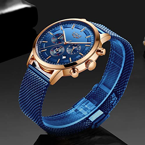 LIGE Relojes Hombre Moda Impermeable Acero Inoxidable Analógico Cuarzo Relojes Negocio Azul Automática Fecha Relojes