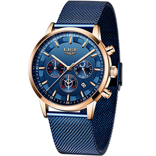 LIGE Relojes Hombre Moda Impermeable Acero Inoxidable Analógico Cuarzo Relojes Negocio Azul Automática Fecha Relojes