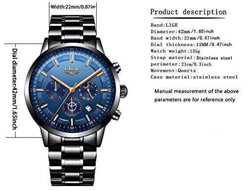 LIGE Relojes para Hombre Moda Acero Inoxidable Deportivo Analógico Reloj Cronógrafo Impermeable Negocios Reloj de Pulsera (Blue Black)