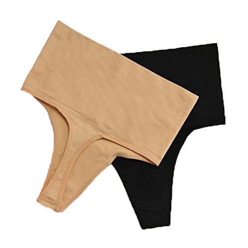 L&K-II 2 Unidades Tanga String Body Faja Modeladora Reductora sin Costuras para Mujeres 3601 Negro+Beige S/M