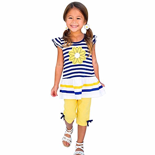 Logobeing Vestidos Ropa Niña Verano Princesa de Bebé 1-8 Años Margarita Flor Camisa a Rayas Y Pantalón Conjunto (Amarillo, 5-6Años)