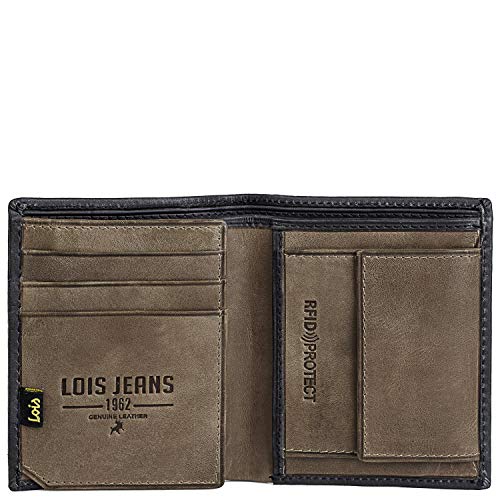 Lois - Cartera de Hombre Vertical de Cuero Piel Genuina con Protección RFID. Billetera Porta-Tarjetas y documentación. 202220, Color Negro