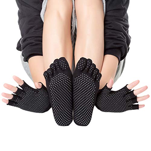 LORYLOLY Calcetines y Guantes Conjunto de Yoga Mujere, 2 Juegos Calcetín y Guante Antideslizantes Algodón Transpirable EU35-40, para Yoga Pilates Ballet Barre Fitness Danza Trampolín