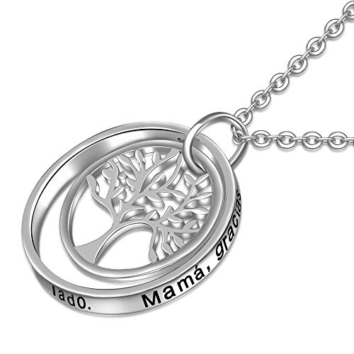 LOVORDS Collar Mujer Grabado Plata de Ley 925 Colgante Árbol de la Vida Familiar Círculo Regalo Madre Mamá