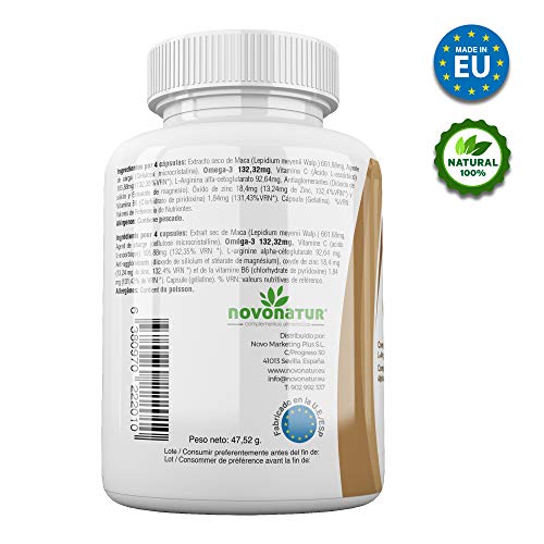 Maca andina negra con Omega 3, L-Arginina Alfa-cetoglutarato, Vitaminas y Zinc. Única Maca con Omega 3 del mercado. NOVONATUR. (120)