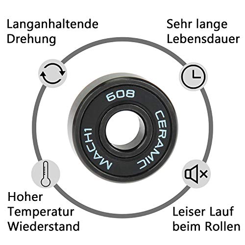 Mach1 Rodamientos de Bolas 8, 16 o 32 Unidades 608 cerámica Renn + Espaciador, por Ejemplo, para Patines en línea, monopatín, monopatín, monopatín, monopatín y Longboard, 32 Unidades.