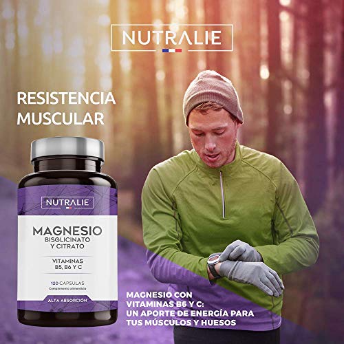 Magnesio con Vitaminas B5, B6 y C | Bisglicinato y Citrato de Magnesio 100% Biodisponible | 120 Cápsulas de 715 mg | Nutralie