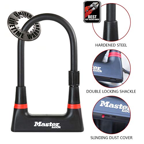 MASTER LOCK 8279EURDPRO Candado U, Llave, Soporte de Transporte, Antirrobo Certificado, Electrica, Bicicleta Montaña, Unisex-Adult, Negro-Negro, Large