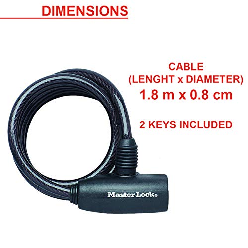 MASTER LOCK Candado Bicicleta [1,8 m Cable] [Llave] [Exterior] 8126EURDPRO - Ideal para Bicicleta, Monopatín, Paseante, Cortacésped y Otro Equipo