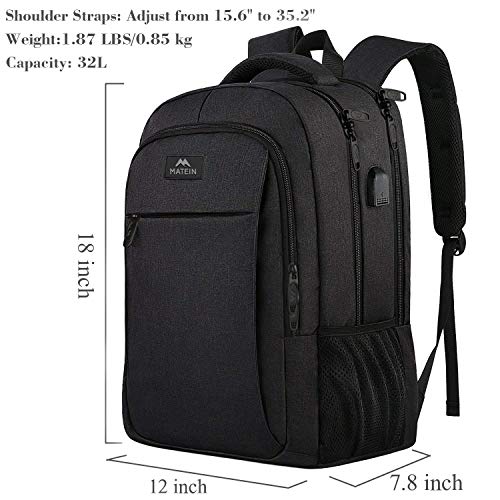 MATEIN Mochila Portatil Mochila Hombre Impermeable Mochila Ordenador Portatil 15.6 Pulgadas Mochila Portatil con Puerto USB Mochila Antirrobo del Negocio Trabajo Diario Viaje Escolares - Negro