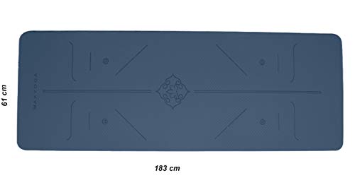 MAXYOGA® MaxDirect Esterilla Yoga con Sistema de Alineación y Marcados. Colchoneta Yoga Mat Antideslizante y Ligera de Material Ecológico TPE. Tamaño Ideal 183cm x 61cm x 6mm. - Azul