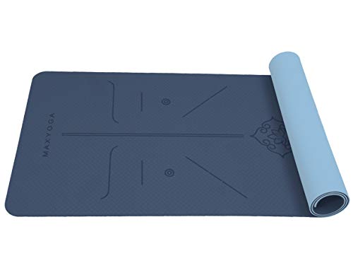 MAXYOGA® MaxDirect Esterilla Yoga con Sistema de Alineación y Marcados. Colchoneta Yoga Mat Antideslizante y Ligera de Material Ecológico TPE. Tamaño Ideal 183cm x 61cm x 6mm. - Azul