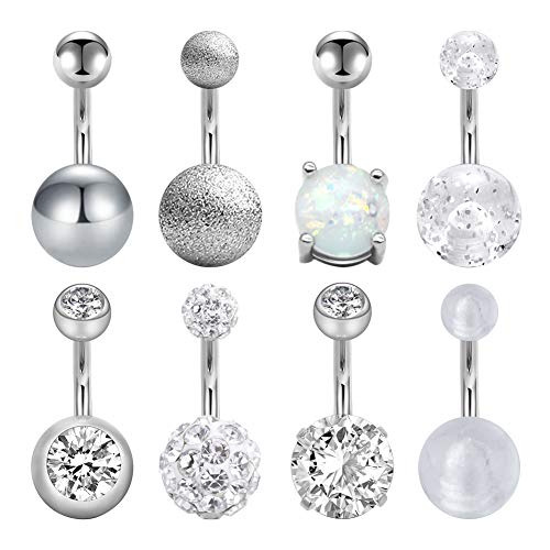 Mayhoop 8 Piezas Anillo del Ombligo Piercing del Ombligo Acero Inoxidable 14G 8mm Plata óalo para Las Mujeres y Las niñas Joyería del Cuerpo del Vientre