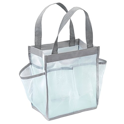 mDesign Bolso multiusos resistente al agua – Ideal bolsa viaje para la ducha – Perfecta bolsa playa, neceser o para las cosas del jardín – 6 bolsillos – Menta/gris