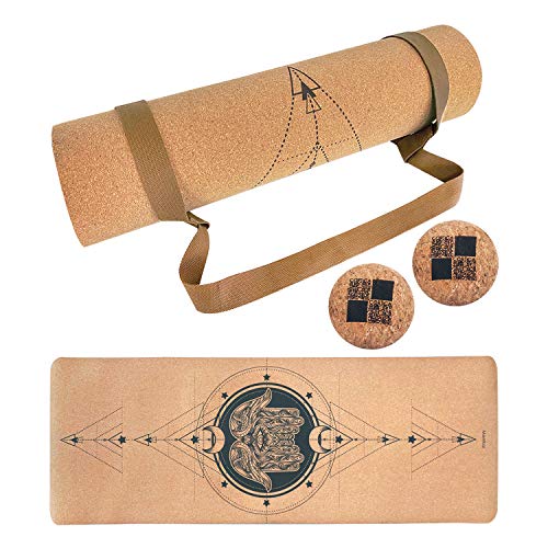 MENKAI - Esterilla de Yoga-Incluye Correa de Transporte y 2PC Bola para Masajes-100% Ecológicos Corcho - Esterilla de Deporte Antideslizante - Yoga Mat de 183x65cm