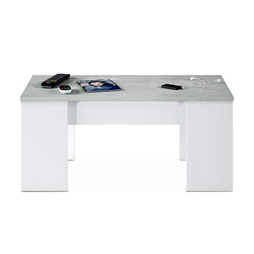 Mesa de Centro Elevable, Mesita de Salón o Comedor, Modelo LC, Acabado en Color Blanco Artik y Cemento, Medidas: 100 cm (Ancho) x 50 cm (Fondo) x 45-56 cm (Alto)