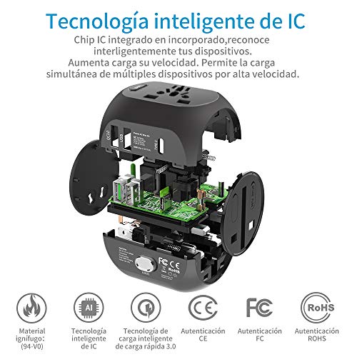 milool Adaptador Enchufe de Viaje Universal Adaptador con Tres Puertos USB y Tipo-C(3A) para EU AU US UK Más de 150 Países y Seguridad para Tableta PC,Smartphones,Cámaras,Reproductores de MP3 (Negro)