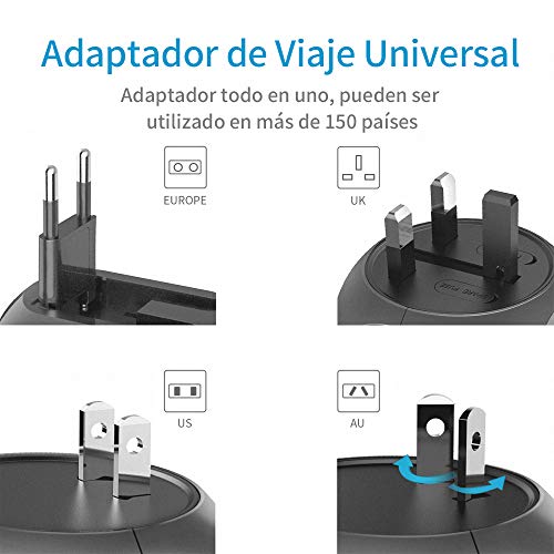 milool Adaptador Enchufe de Viaje Universal Adaptador con Tres Puertos USB y Tipo-C(3A) para EU AU US UK Más de 150 Países y Seguridad para Tableta PC,Smartphones,Cámaras,Reproductores de MP3 (Negro)