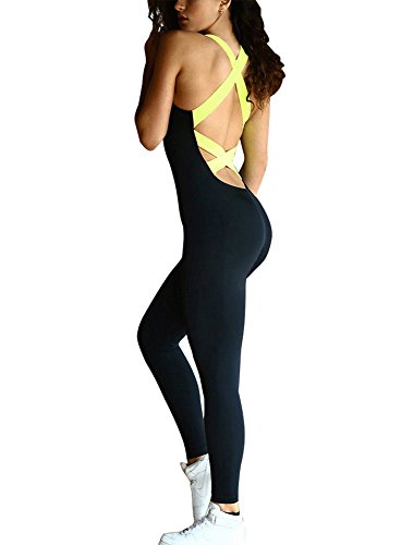 Minetom Las Mujeres Elásticos Sports Cintura Deportivos Sin Mangas Pantalones Sin Espalda De Deporte Mosaico De Mono Fitness Yoga Amarillo EU XS