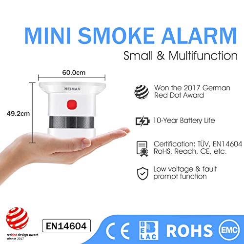 Mini Detector de Alarma de Humo HEIMAN, Batería de por Vida con batería de 10 años, Premio Reddot, Certificado CE, Detector de Incendios fotoeléctrico Independiente para el hogar (3 Unidades)