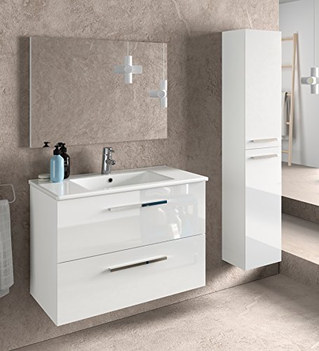 Miroytengo Juego de Mueble de baño Lavabo suspendido 2 cajones, Espejo, lavamanos de cerámica y Columna Auxiliar de Aseo, Acabado en Blanco Brillo