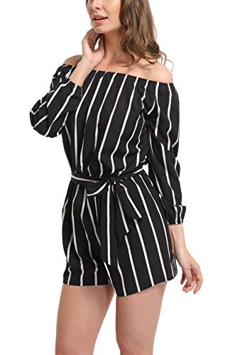 MISS MOLY Mono A Rayas Mujer Fiesta Sexy Manga Larga de Noche Trabajo Mamelucos básicos Bodysuit Pantalones Negro Medium