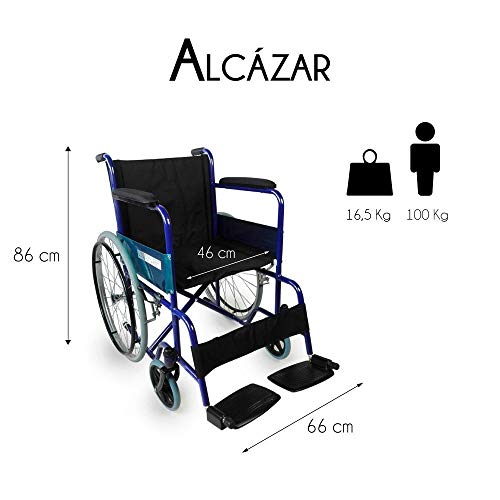 Mobiclinic, modelo Alcázar, Silla de ruedas ortopédica, plegable, para minusválidos, manual, freno en manetas, reposabrazos fijos y reposapiés abatibles, color Azul/Negro, asiento 46 cm