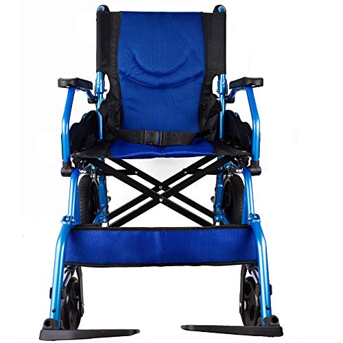 Mobiclinic, Modelo Pirámide, Silla de ruedas ortopédica de tránsito, para minuválidos y ancianos, plegable, aluminio, freno en manetas, reposapiés, reposabrazos, ligera, azul, asiento 46 cm