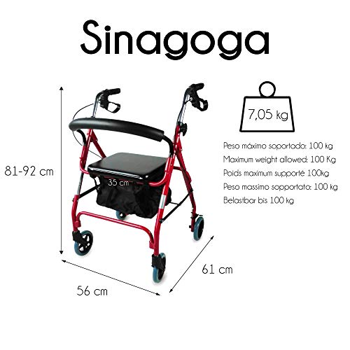 Mobiclinic, Modelo Sinagoga, Rollator con 4 ruedas, Andador para adultos, mayores, minusválidos o ancianos, andador caminador de aluminio, ayuda para caminar, ligero, plegable, con asiento, Rojo