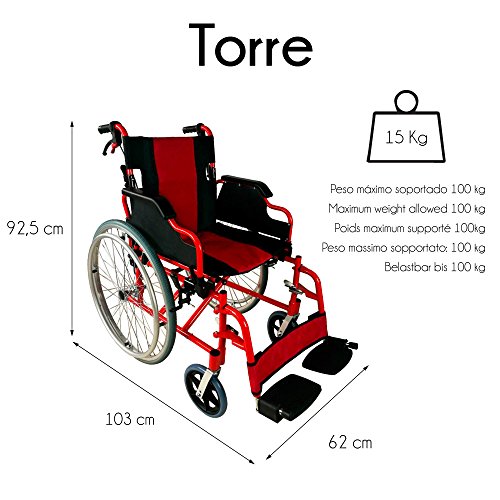 Mobiclinic, modelo Torre, Silla de ruedas para minusválidos, plegable, ortopédica, de aluminio, freno en manetas, reposapiés, reposabrazos, color Rojo y Negro, asiento 44 cm, ultraligera