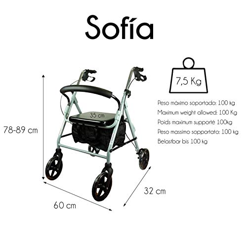 Mobiclinic, Sofía, Rollator con 4 ruedas, andador para ancianos y minusválidos, ayuda para caminar, andador caminador, aluminio, ligero, plegable, cesta de tela, freno en manetas, asiento, Gris