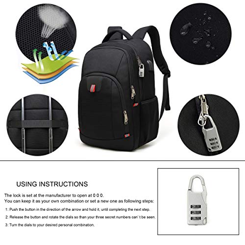 Mochila Antirrobo Impermeable, Mochila Portátil Hombre 17.3 Pulgadas Puerto USB Impermeable Trabajo Ordenador Viaje Negocio Multifuncional Daypacks Negro